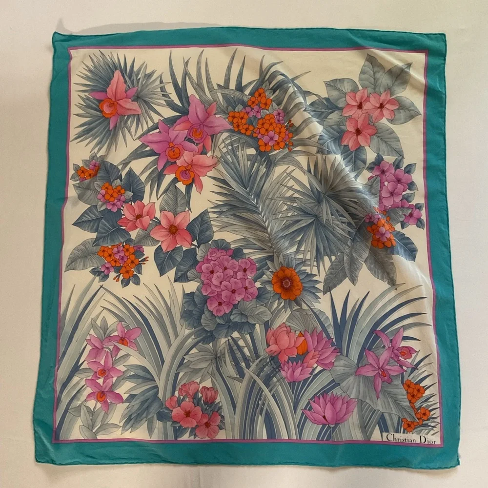 Christian Dior Vintage Silk Turquoise Floral Scarf